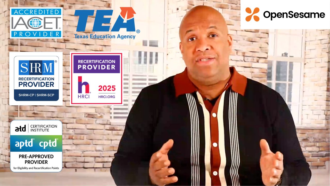 Mike Veny is speaking in front of a virtual background featuring a modern brick-wall interior with large windows. He is wearing a black, brown, and white vertically striped polo shirt and gesturing with his hands. Surrounding him are multiple certification logos, including "Accredited IACET Provider," "TEA Texas Education Agency," "SHRM Recertification Provider," "HRCI Recertification Provider 2025," "ATD Certification Institute," and "OpenSesame."