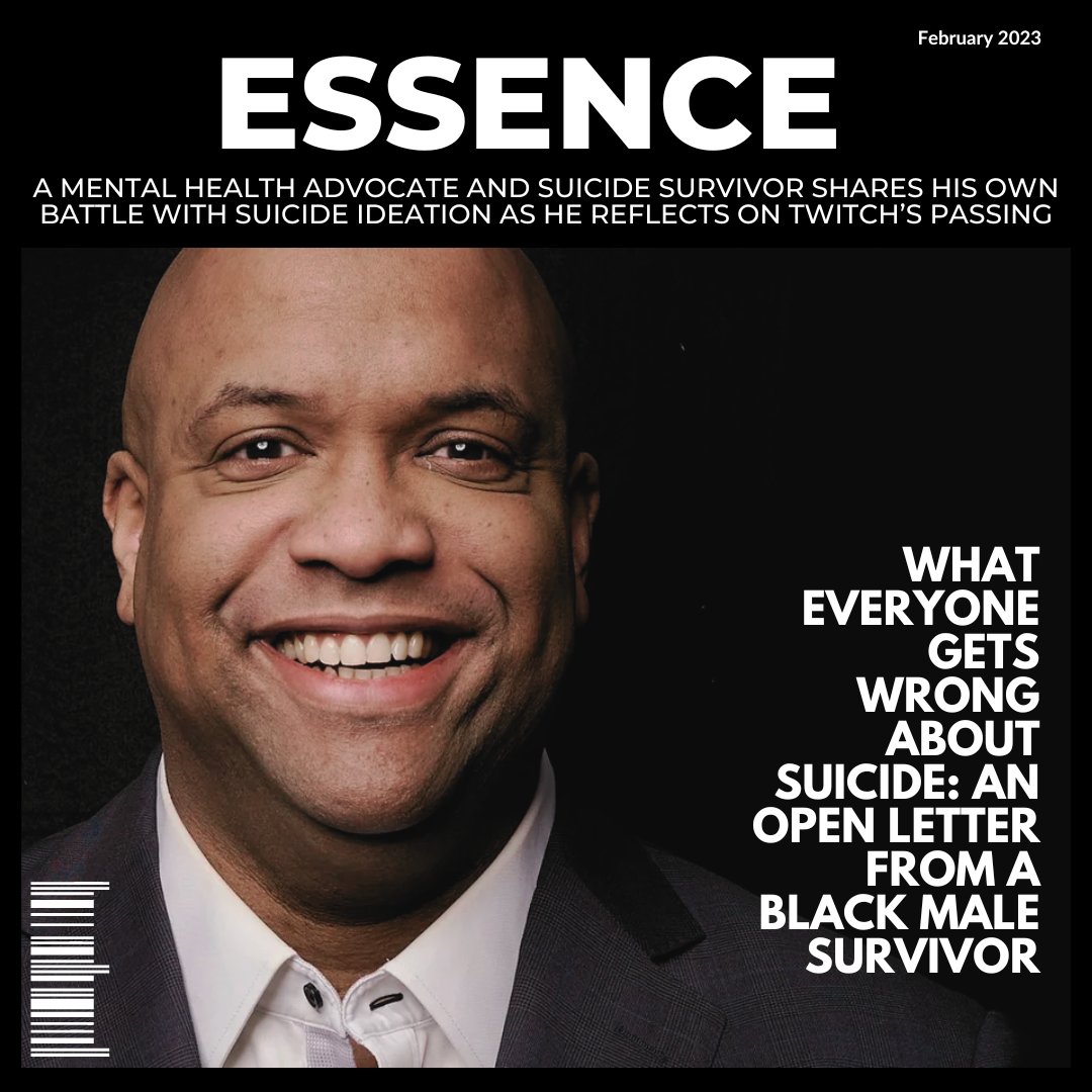 A magazine-style cover featuring Mike Veny, a bald black man, smiling while wearing a dark suit and white dress shirt against a black background. The cover has the ESSENCE logo at the top with the date February 2023. A headline in white uppercase text reads: "What Everyone Gets Wrong About Suicide: An Open Letter from a Black Male Survivor." Above the headline, a subheading states: "A mental health advocate and suicide survivor shares his own battle with suicide ideation as he reflects on Twitch’s passing." A barcode is placed at the bottom left corner.