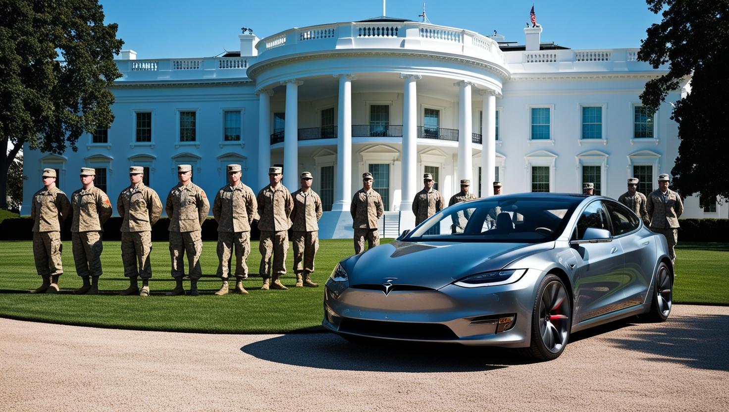 A silver Tesla car is parked in front of the White House on a sunny day. A row of uniformed U.S. Army soldiers stands in formation on the neatly manicured lawn, with the iconic white pillars and facade of the White House visible in the background. The scene is bright and clear, with vibrant green grass and deep blue sky.