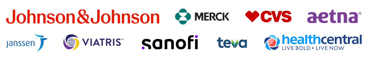 Logos of major healthcare organizations displayed in a row, representing companies that hire healthcare keynote speaker Mike Veny. The image includes logos for Johnson & Johnson, Merck, CVS, Aetna, Janssen, Viatris, Teva, and Health Central, showcasing trusted brands in the healthcare industry that align with Mike Veny’s mental health and wellness speaking engagements.