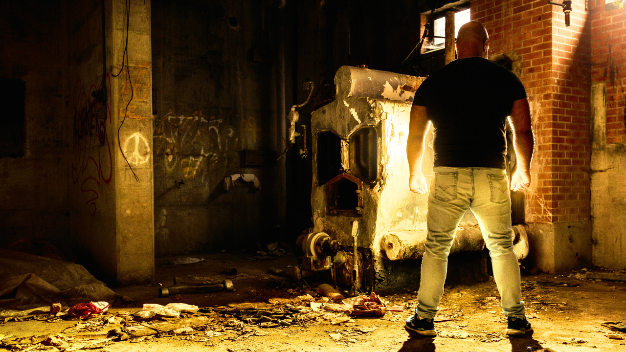A bald man wearing a fitted black t-shirt and light jeans stands with his back to the camera in a dim, abandoned room of an old psychiatric hospital. He faces a large, decaying industrial machine illuminated by a beam of warm light that cuts through the darkness. The floor is littered with debris, broken pieces of equipment, and scraps of fabric. Graffiti covers the concrete walls, and the scene feels gritty, heavy, and symbolic—capturing the atmosphere of confronting inner struggle and the harsh realities of seeking mental health support when help feels out of reach.