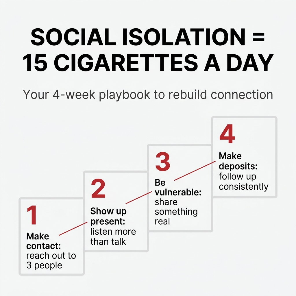 Graphic with bold headline reading “Social Isolation = 15 Cigarettes a Day” followed by the subtitle “Your 4-week playbook to rebuild connection.” Below the text is a four-step visual progression shown as ascending boxes labeled 1 through 4. Step 1 says “Make contact: reach out to 3 people.” Step 2 says “Show up present: listen more than talk.” Step 3 says “Be vulnerable: share something real.” Step 4 says “Make deposits: follow up consistently.” The design uses a clean white background with black and red text, emphasizing the health impact of loneliness and practical steps to rebuild human connection.