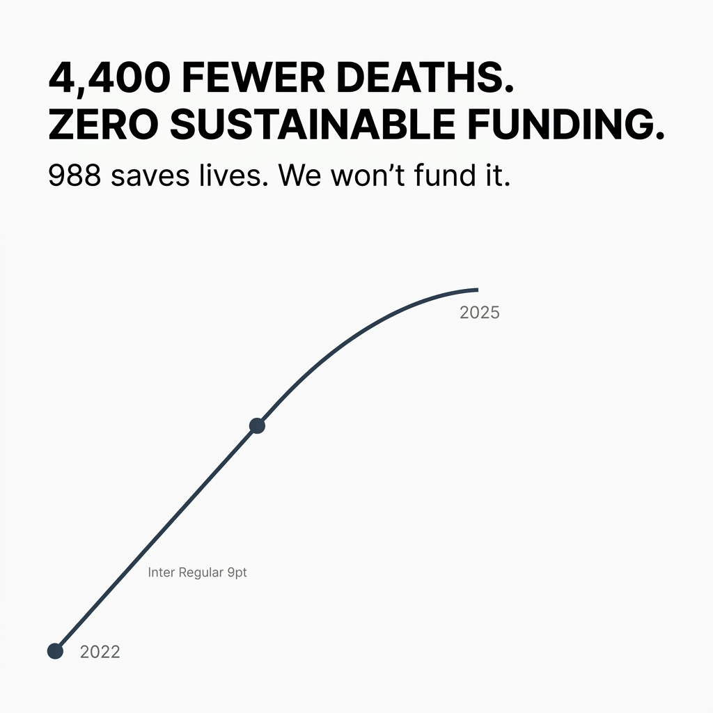 Graphic about the 988 Suicide & Crisis Lifeline featuring the headline “4,400 Fewer Deaths. Zero Sustainable Funding. 988 saves lives. We won’t fund it.” A rising line graph spans 2022 to 2025, illustrating the growing life-saving impact of 988 crisis support over time. The minimalist infographic emphasizes suicide prevention, mental health crisis intervention, and the urgent need for sustainable funding for the 988 Suicide & Crisis Lifeline.